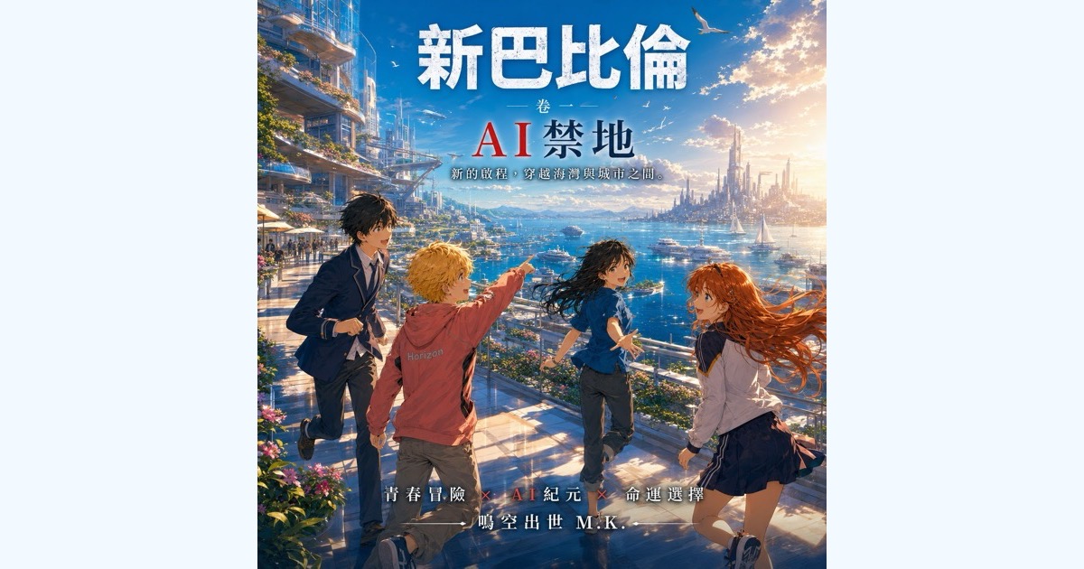 《新巴比倫：AI 禁地》夏季閱讀推薦封面，四位少年角色奔向明亮的未來海灣城市