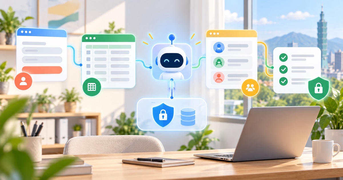 企業把聯絡表單、試算表、CRM 與 AI Agent 工作流分層審核的明亮封面圖