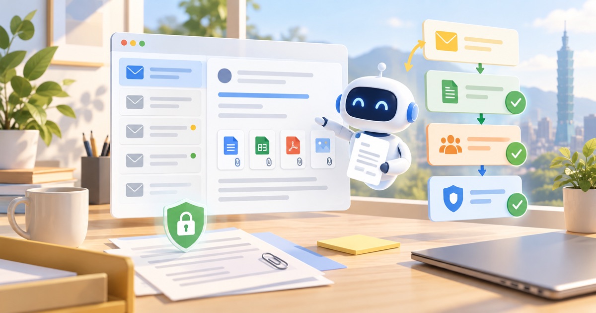 企業在啟用 AI 助理讀取 Email、附件與轉派流程前，先完成資料分級、批准與安全檢查的明亮封面圖
