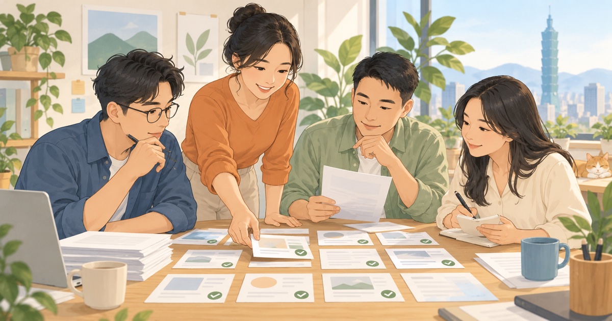 中小企業團隊共同核對 AI 試點交付證據的明亮插畫