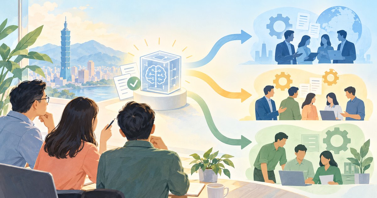 中小企業團隊比較 AI 試點後三種維運模式的明亮插畫