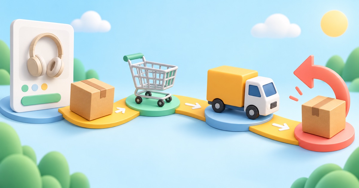 商品從商品頁、購物車、配送到退貨的明亮流程插畫